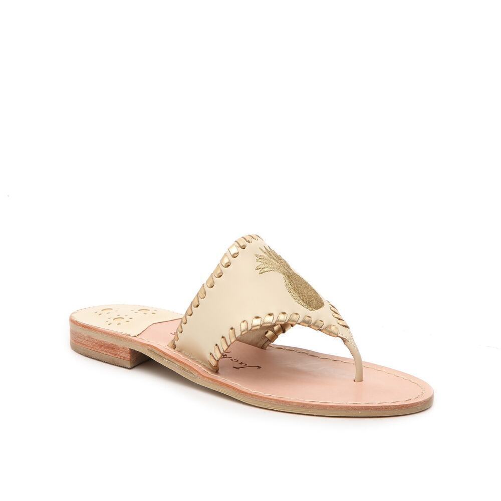 Jack Rogers Women's Bone Gold Embroidered Leather Pineapple Sandals Size 7.5
